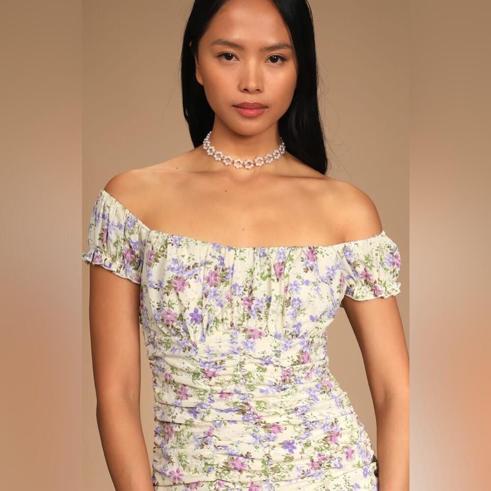 Lulus Love Bloom Cream Floral Print Ruched Off-the-Shoulder Mini Dress Large - Picture 7 of 15